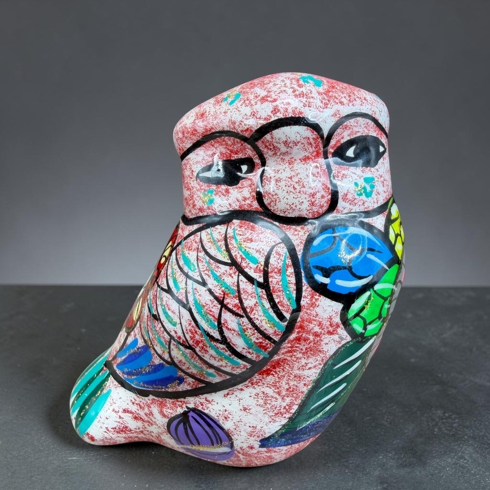 Hand Painted‎ Mexican Pottery Owl Figurine Tonala Folk Art Bird Red Blue 3 Inch